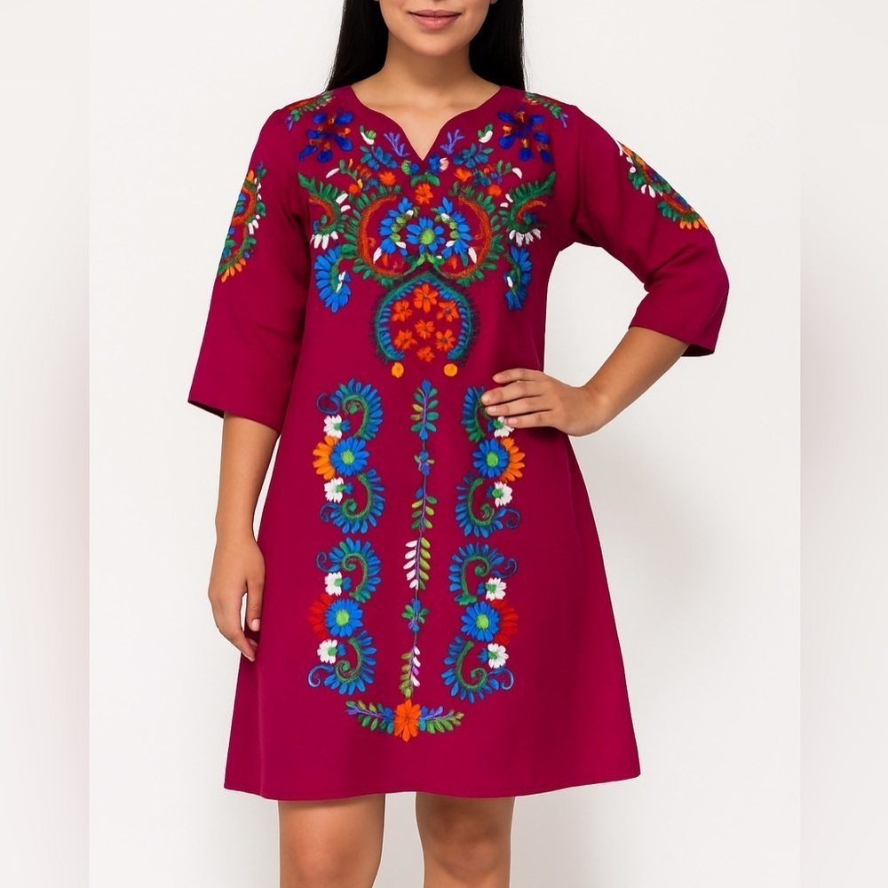 Embroidered Burgundy Midi Dress